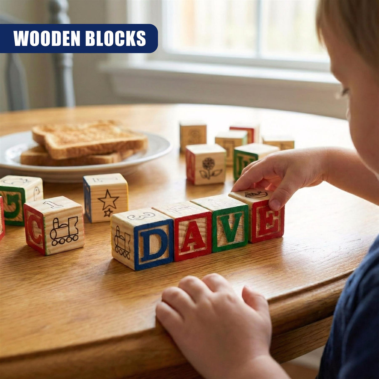 A child plays with colorful wooden blocks spelling letters like D-A-V-E on a table.