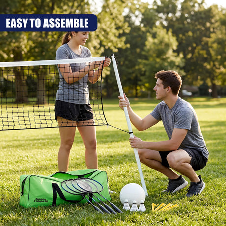A man and woman assemble a 2-in-1 complete badminton and volleyball set on grass, with green carry bag, rackets