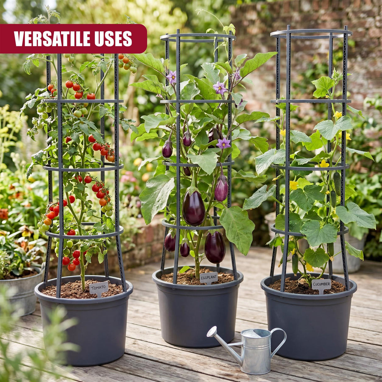 Three tiered metal garden planters display tomato, eggplant, and yellow flowering plants.
