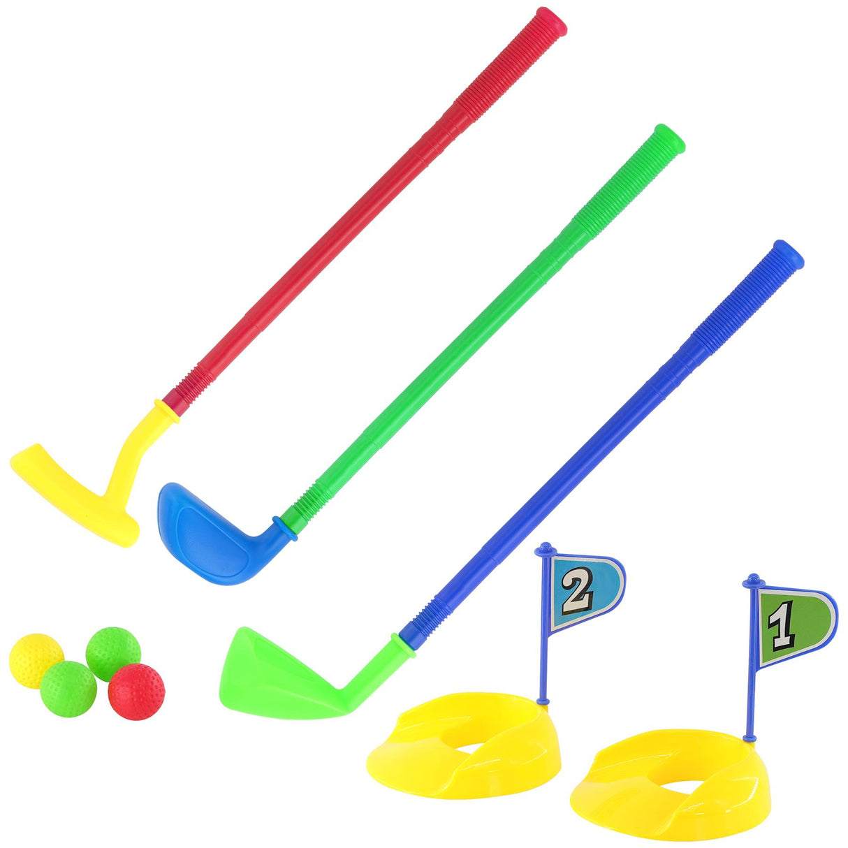 Golf set with three colored clubs, balls, numbered flags, and plastic cup targets.
