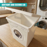 White plastic container with a hinged lid, designed to resemble a front-loading washing machine.