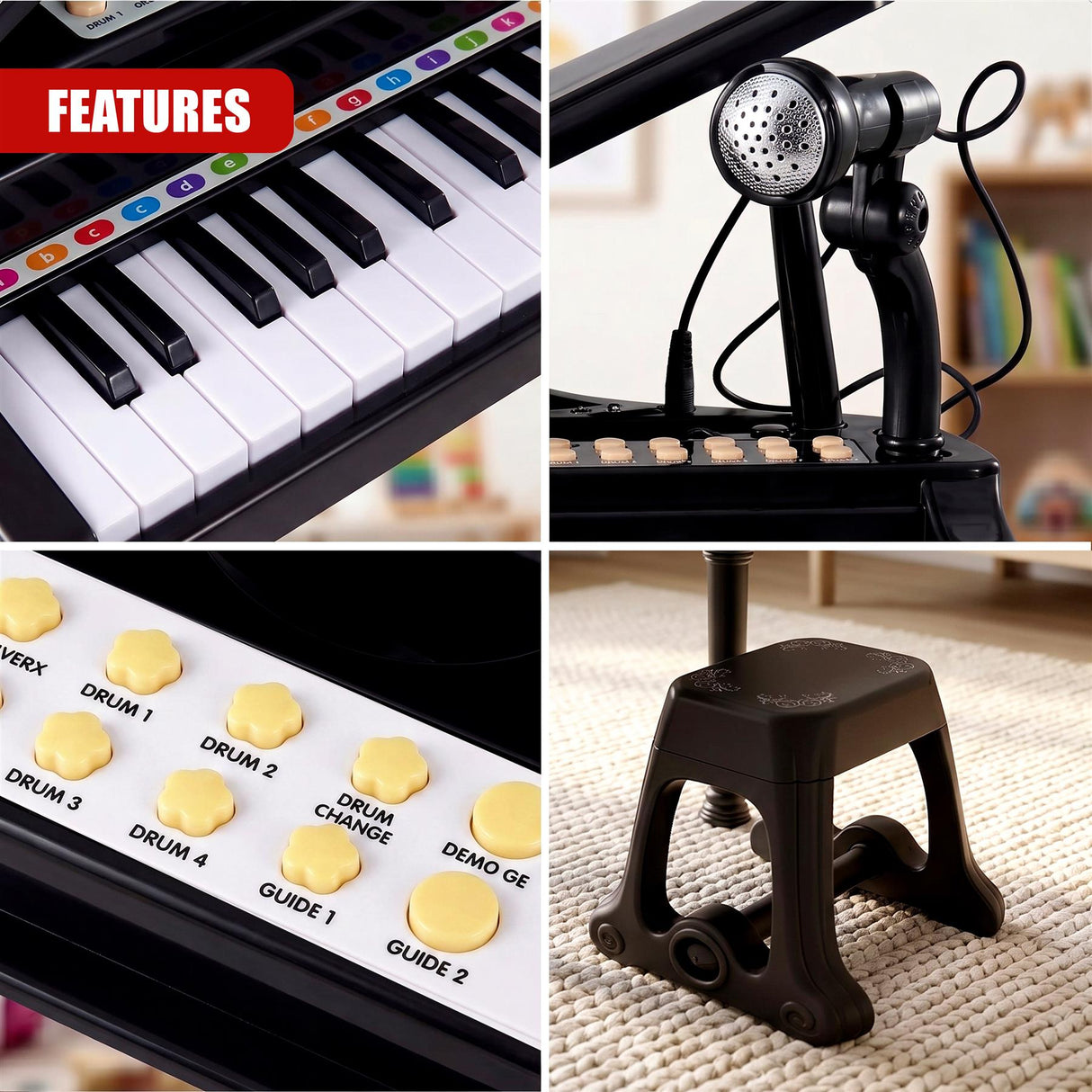 Black Electronic Piano With Microphone and Stool
