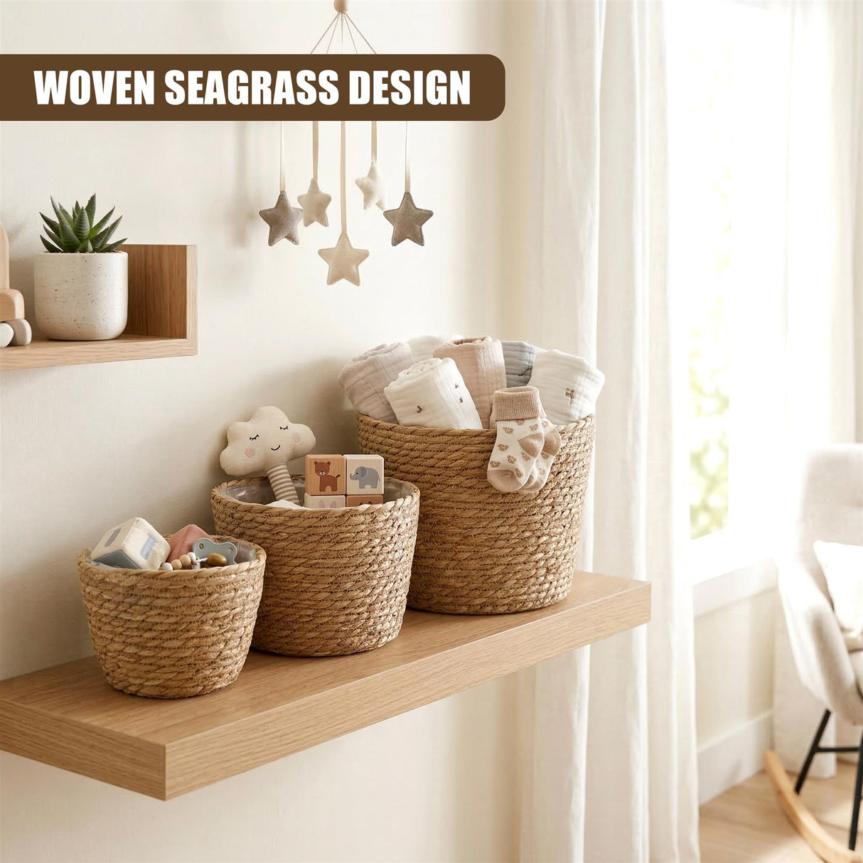 Three natural woven seagrass baskets of varying sizes displayed on a simple wooden shelf.