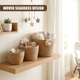 Three natural woven seagrass baskets of varying sizes displayed on a simple wooden shelf.