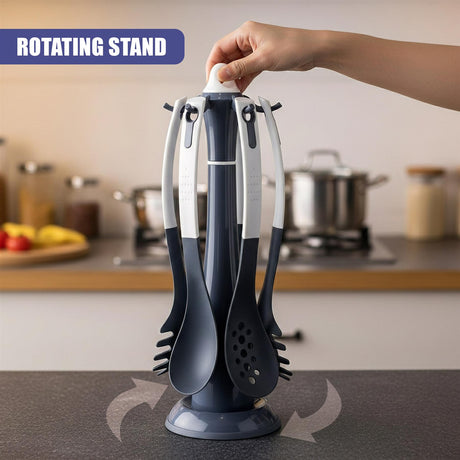 Six stainless steel kitchen utensils hang from a rotating gray storage stand.