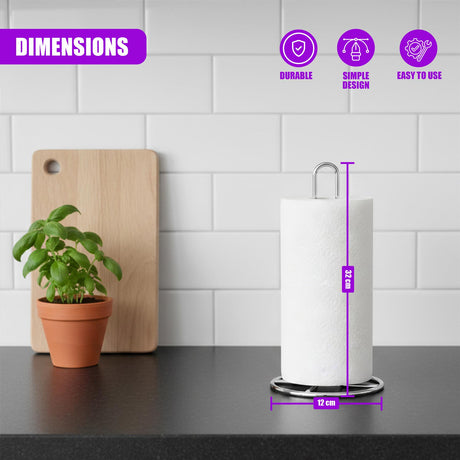 The stainless steel roll stand holds paper towels and features marked dimensions of 22 cm by 12 cm.