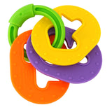 Grouping of circular, curved baby teethers in bright green, yellow, purple, and orange.