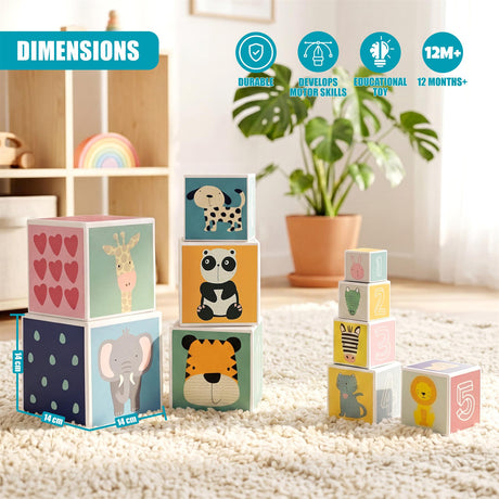 Multiple stacks of colorful blocks depicting various animals, including lions, pandas, and elephants.