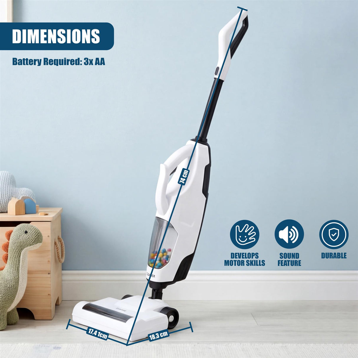 A white and blue toy vacuum cleaner is displayed with its floor attachment and scale dimensions.