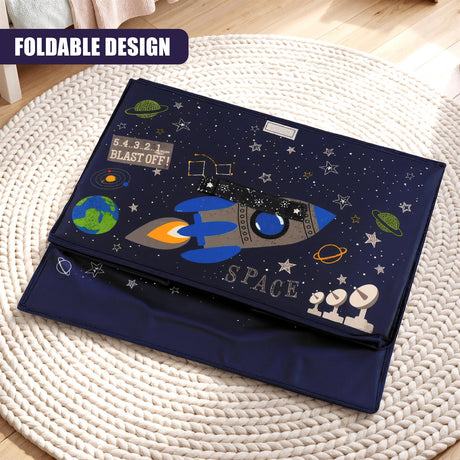 The Magic Toy Shop Blast Off Large Storage Box is a navy blue foldable toy box featuring a space theme with rockets, planets