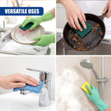 Hands wearing green gloves scrub a soapy plate in the kitchen sink.
Hands wearing green gloves scrub a dark, soiled cooking pot in the kitchen sink.
Green gloved hands scrub the metallic kitchen faucet fixture with a sponge.
Green gloved hands scrub a shower fixture with a yellow sponge.