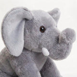Gray plush elephant toy with large floppy ears and a visible, detailed trunk.