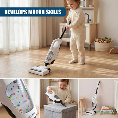 A toddler plays with a motorized toy vacuum cleaner in a bright, domestic setting.