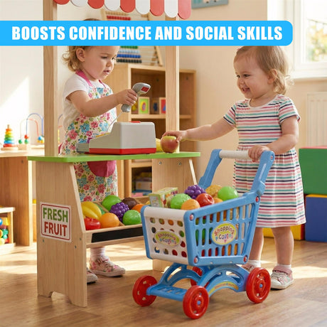 A blue toy shopping cart with plastic fruits and vegetables, designed to encourage imaginative play by imitating a real-life shopping experience. - UKBuyZone