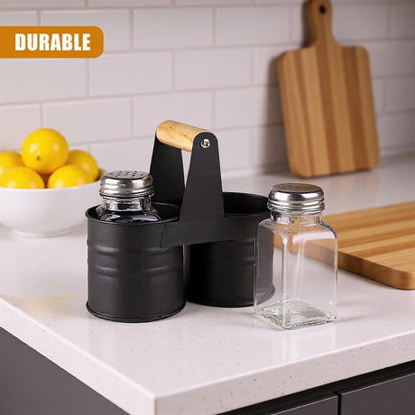 A metal salt and pepper shaker set in a black holder with a wooden handle. - UKBuyZone