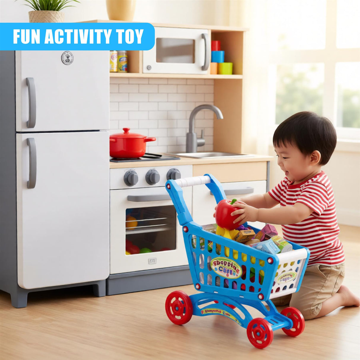 A colorful toy shopping cart with a boy in front, playing with it by a white kitchen stove and oven. - UKBuyZone