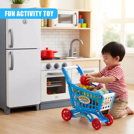 A colorful toy shopping cart with a boy in front, playing with it by a white kitchen stove and oven. - UKBuyZone