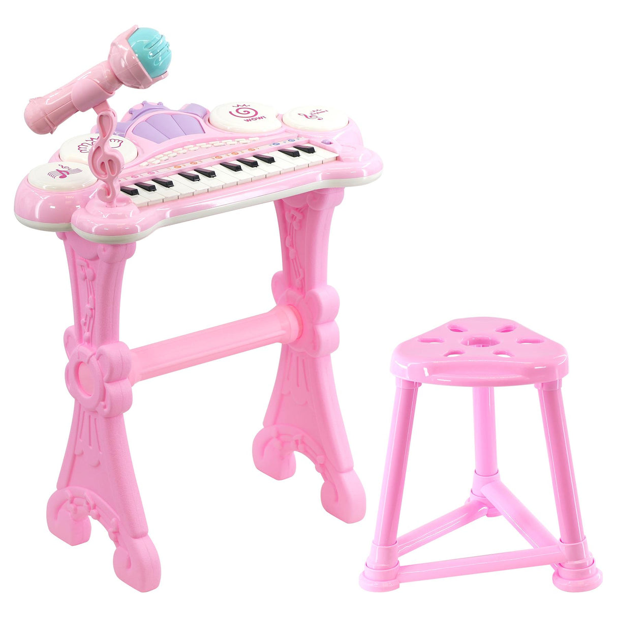 A pink, electronic keyboard with a built-in microphone, featuring a stool for a child to play and sing. - UKBuyZone