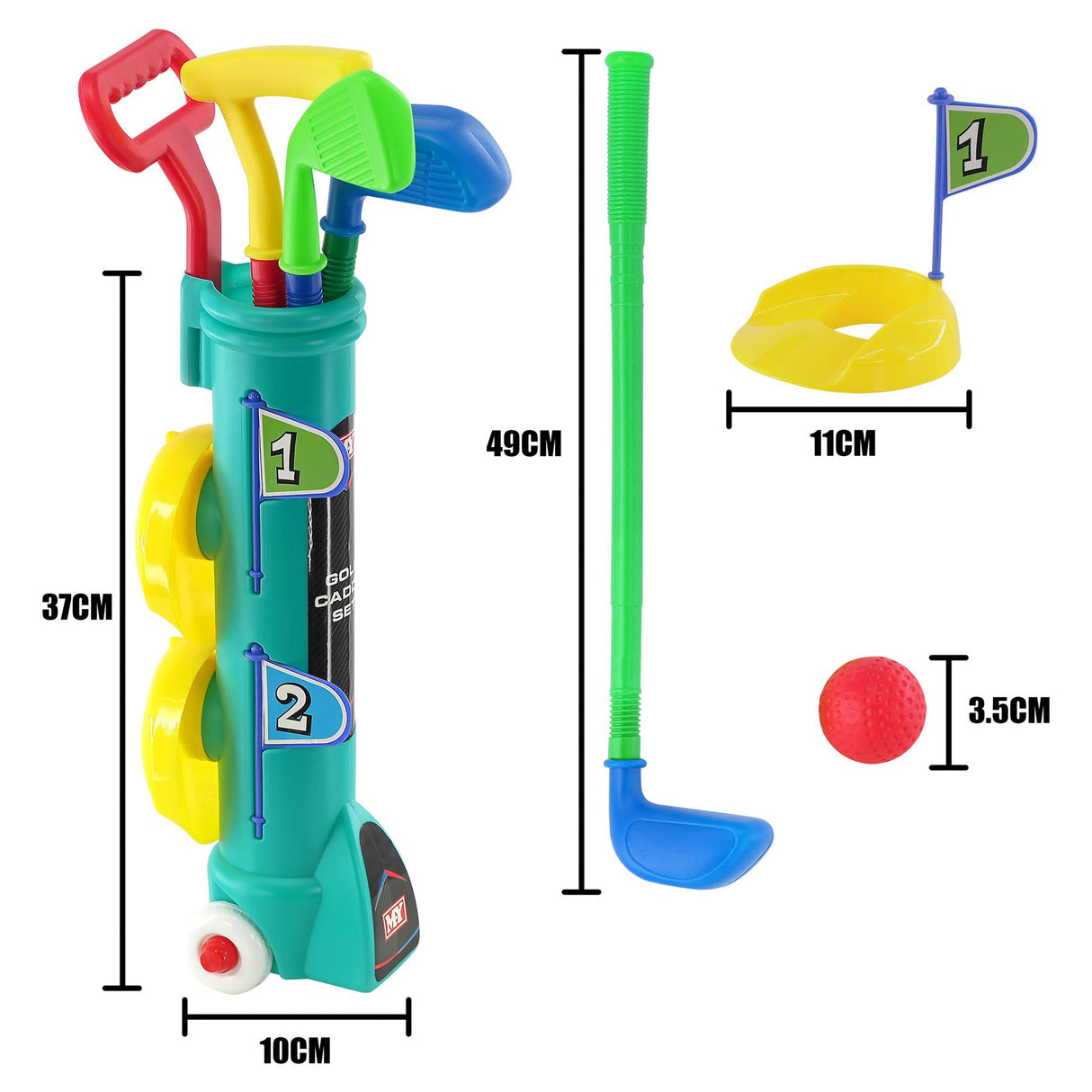 Junior golf playset featuring colored clubs, flag, target mat, and small red golf ball.