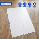 A white rectangular sheet laid on a wood floor, measuring 200 cm by 100 cm.