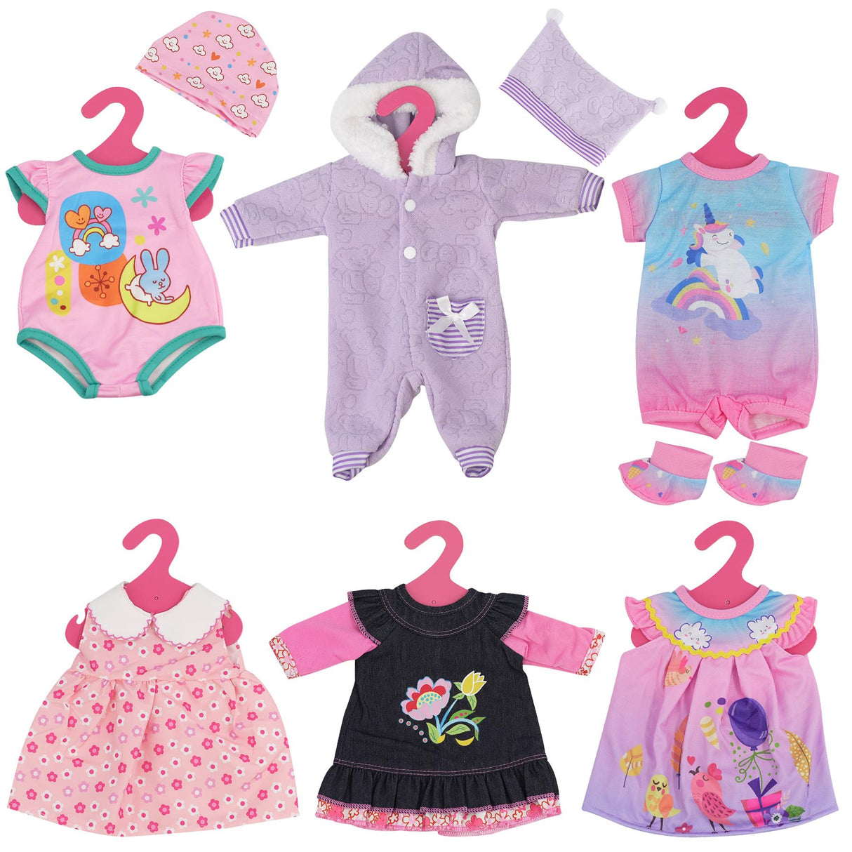 1. Pink dress with flowers and a matching jacket

2. Blue striped jumpsuit with white hoodie

3. Purple onesie with pink polka dots

4. Gray zip-up outfit with white trim and pockets

5. Black and white zigzag sweater with pink collar

6. White jumper with a white collar and blue stripe detailing - UKBuyZone