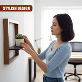 - A female figure holding a small plant, possibly examining the shelf's design or use as a desk organizer.

- Two identical floating shelves mounted on a wall. - UKBuyZone
