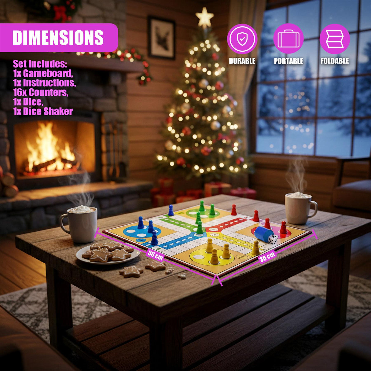 A assembled Ludo game board with tokens and dice rests on a dark wooden surface.