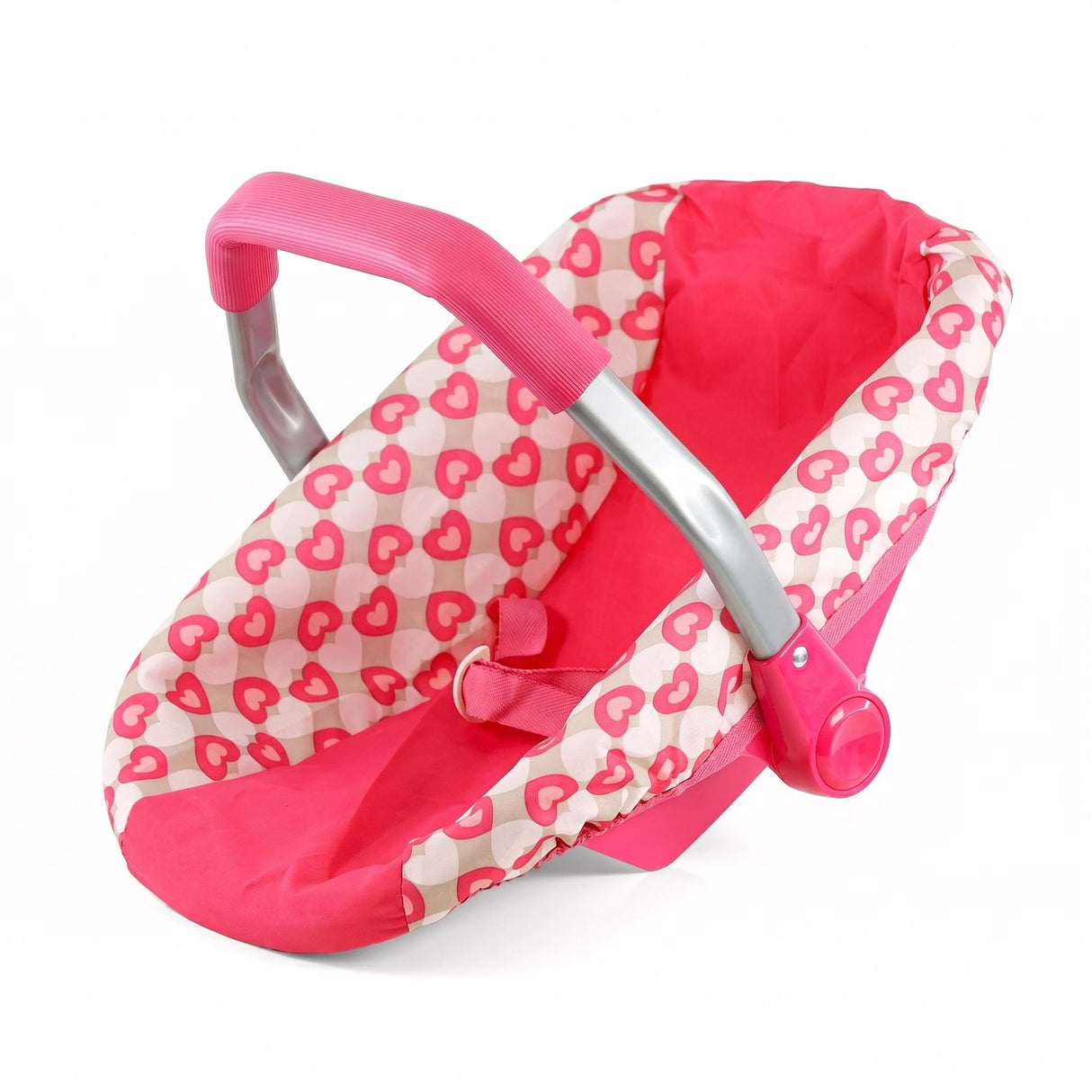 Pink baby doll car seat featuring a heart pattern, padded pink base, and a curved carrying handle.