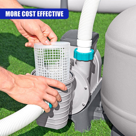 Hands connect a mesh filter canister to a large, gray outdoor water filtration system.