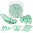 The set includes stacked plates, cups, spoons, forks, knives, and a clear storage caddy.