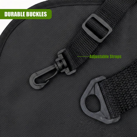 Black fabric features multiple hardware buckles and straps for attaching the car seat cover.