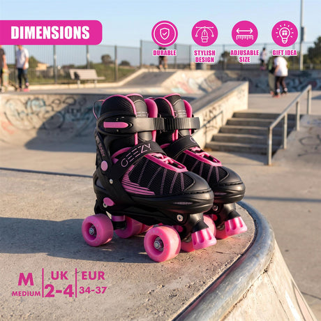 Black and pink kids adjustable roller skates on a skate park ramp