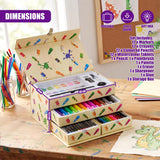 The open box organizes colored pencils, markers, crayons, and various art tools and supplies.
