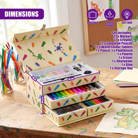 The open box organizes colored pencils, markers, crayons, and various art tools and supplies.