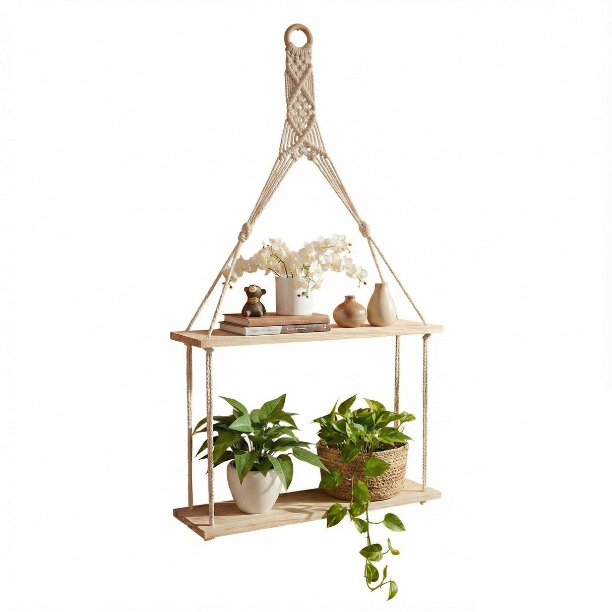 2 Tier Macrame Hanging Wall Shelf