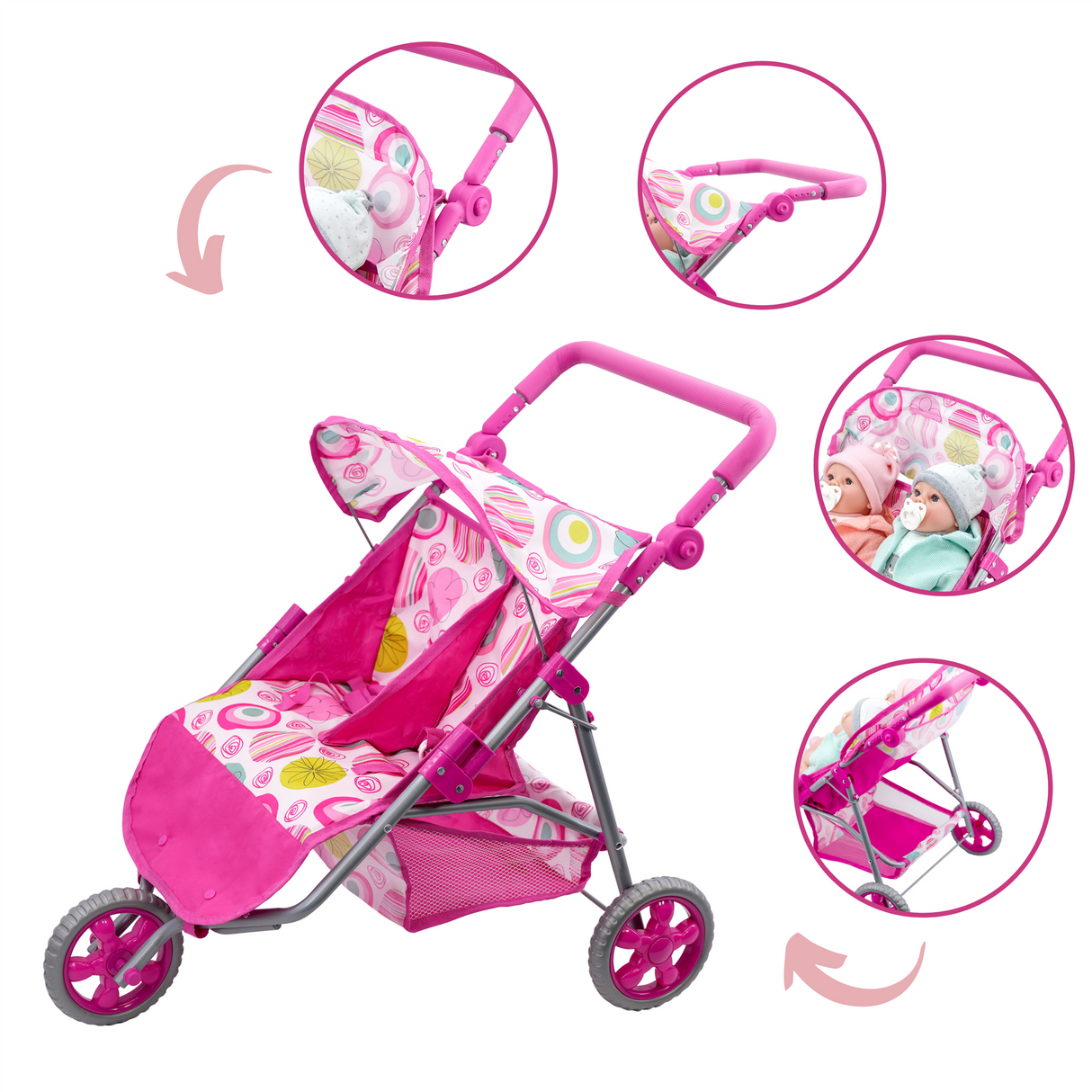 3 Wheeler Twin Doll's Pushchair, Pink