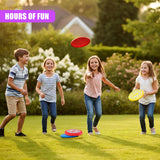 Children playing with brightly colored frisbees on a sunny lawn during an outdoor activity.