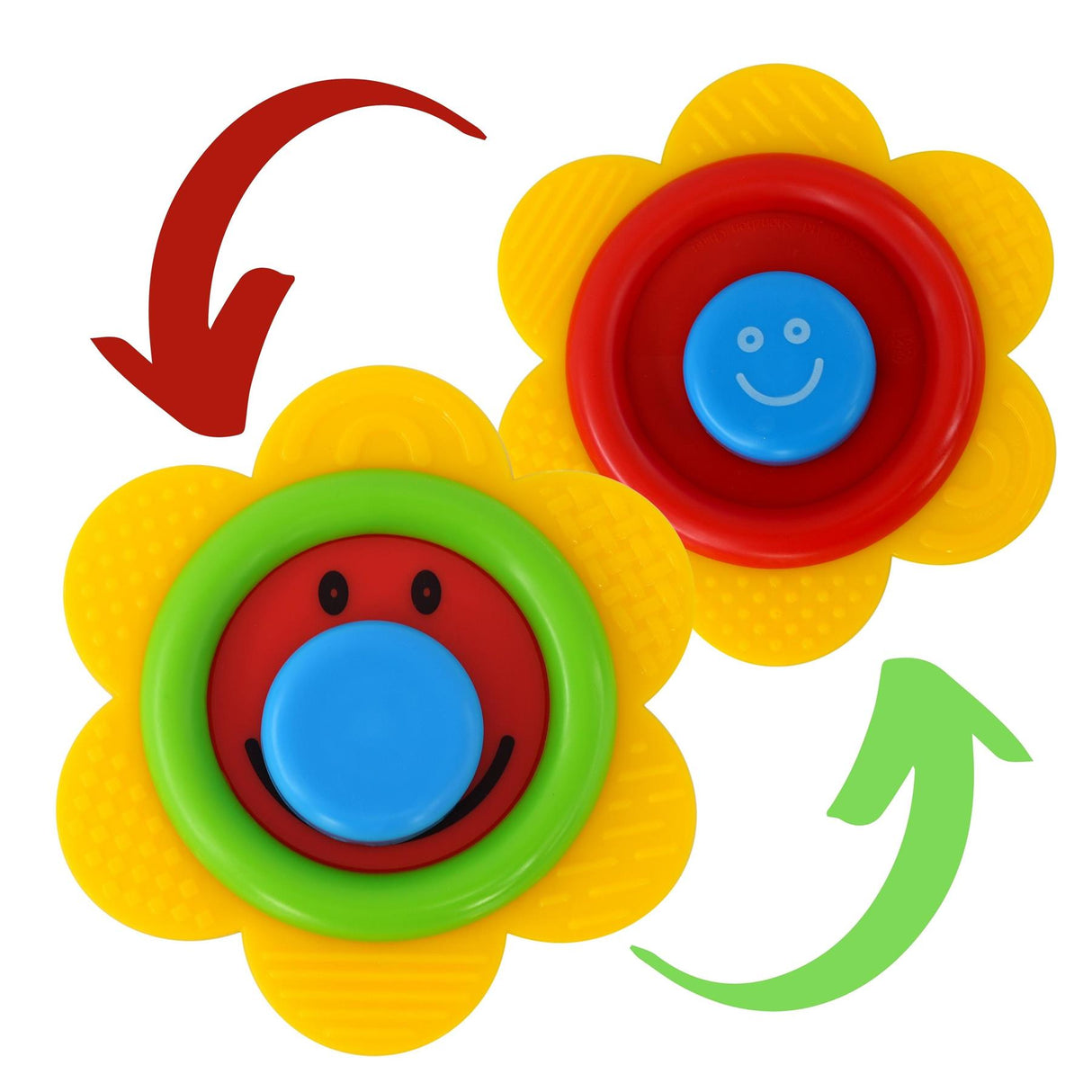 Three brightly colored silicone baby teethers feature smiling faces in red and green.