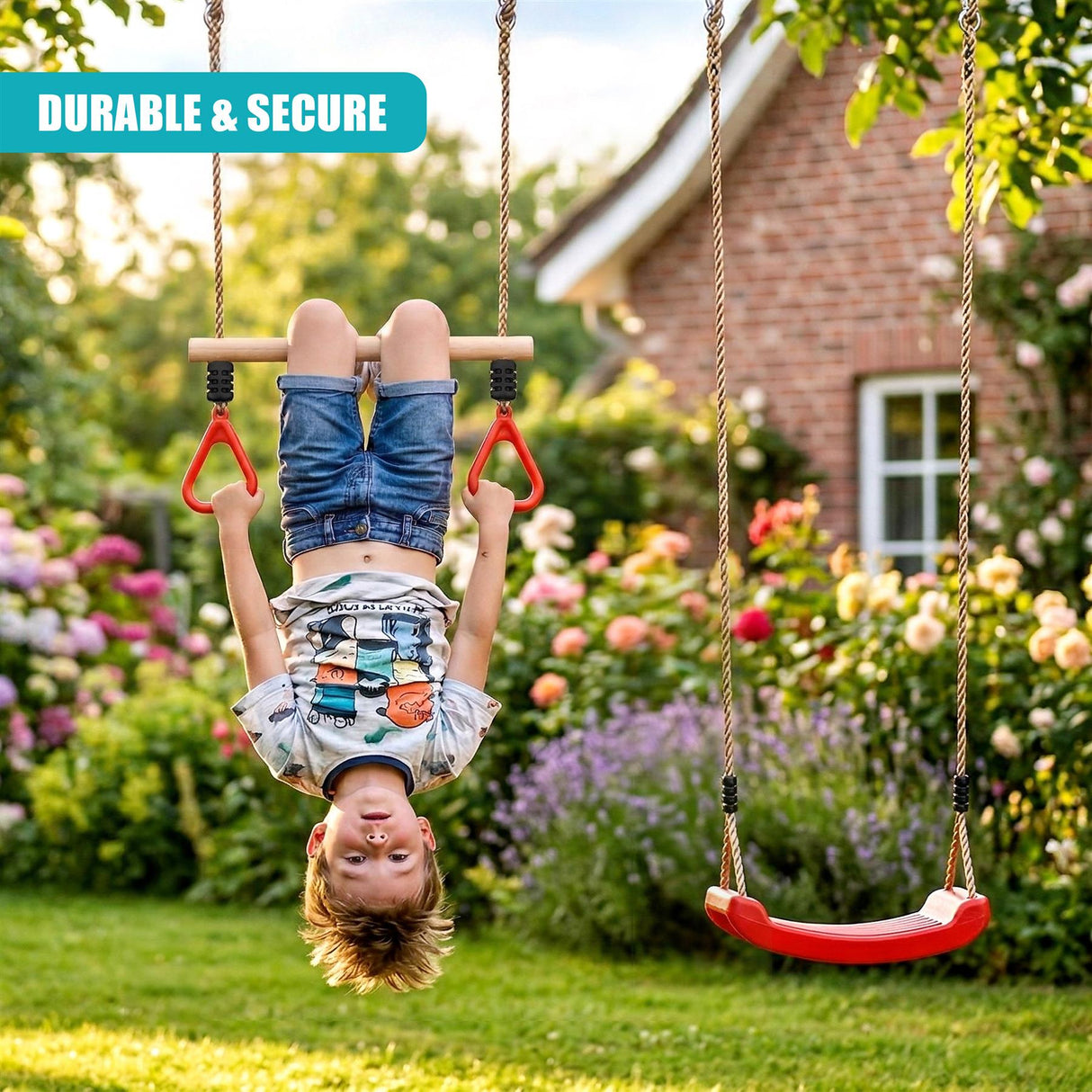 A child swings on a garden swing set featuring both a suspended seat and overhead trapeze bar.