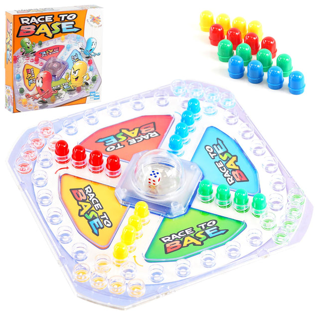 Board game components including a plastic tray, numbered dice, and various colored player tokens.