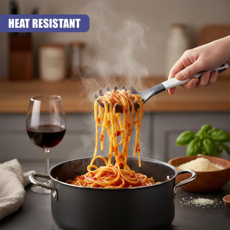 A hand lifts cooked spaghetti from a dark pot using a slotted metal utensil.