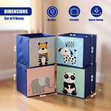 "A pack of four decorative storage boxes with cartoon animal designs, suitable for kids. Each box measures 30cm by 25cm and features a different animal: a dog, an elephant, a cat, and a panda. The set is displayed on a white surface against a light-colored wall." - UKBuyZone
