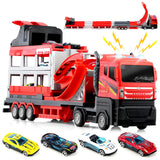 Large red toy catapult truck featuring a crane structure and four detailed accompanying miniature cars.