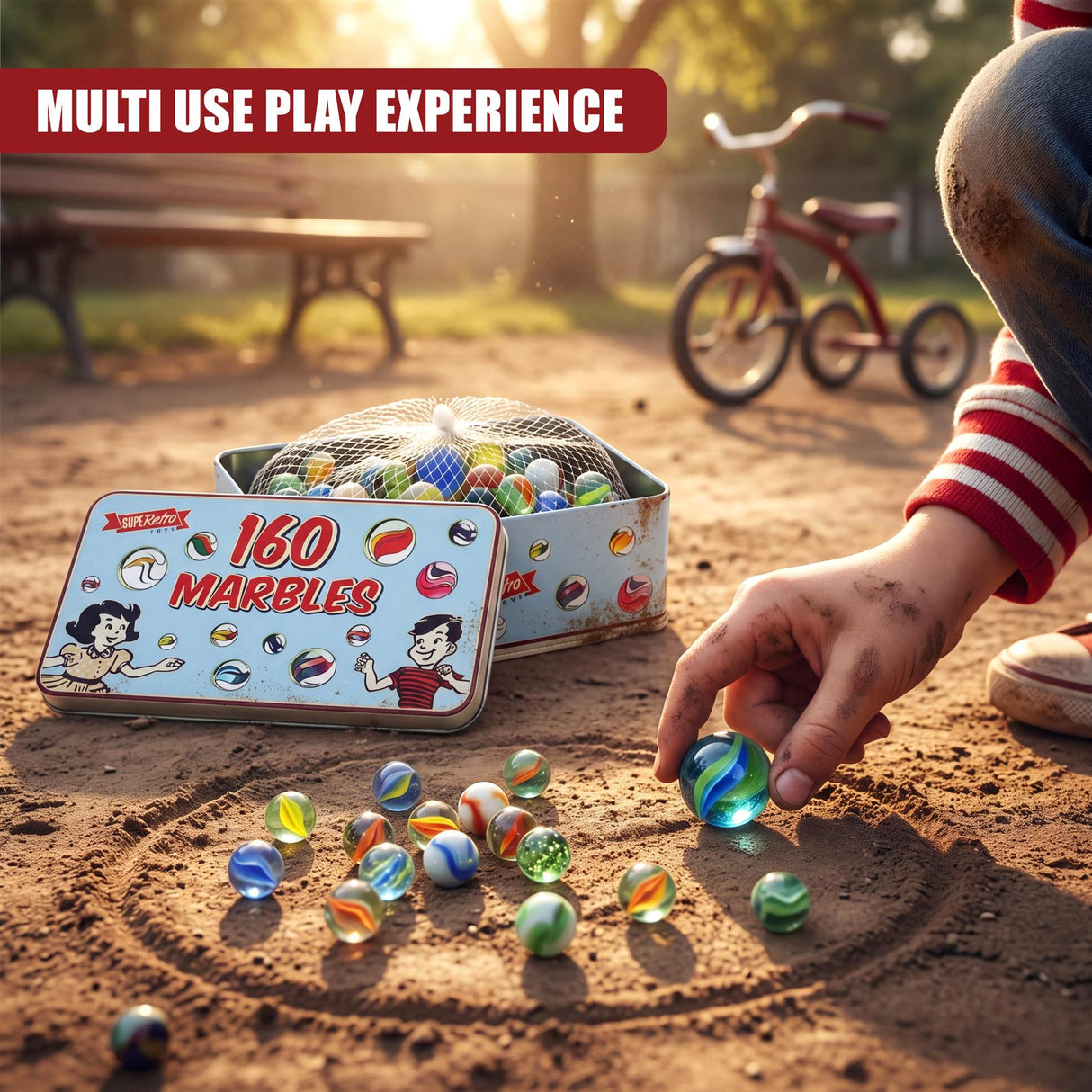 Hand reaching into a tin box filled with colorful glass marbles on dirt ground.