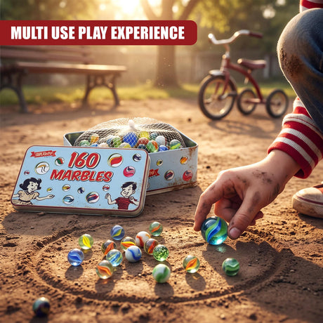 Hand reaching into a tin box filled with colorful glass marbles on dirt ground.