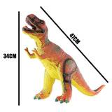 Yellow and red soft foam T-Rex dinosaur toy sculpture shown with size measurements.