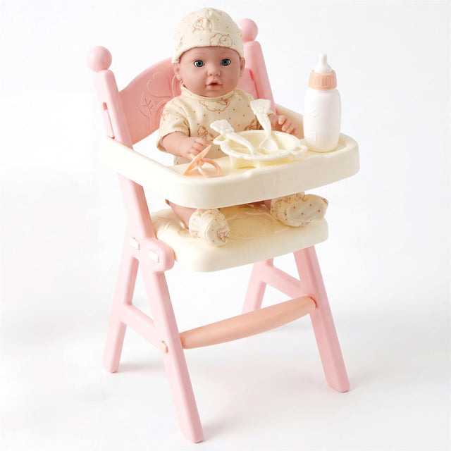 Pink high chair set containing a doll, bottle, and baby feeding accessories.