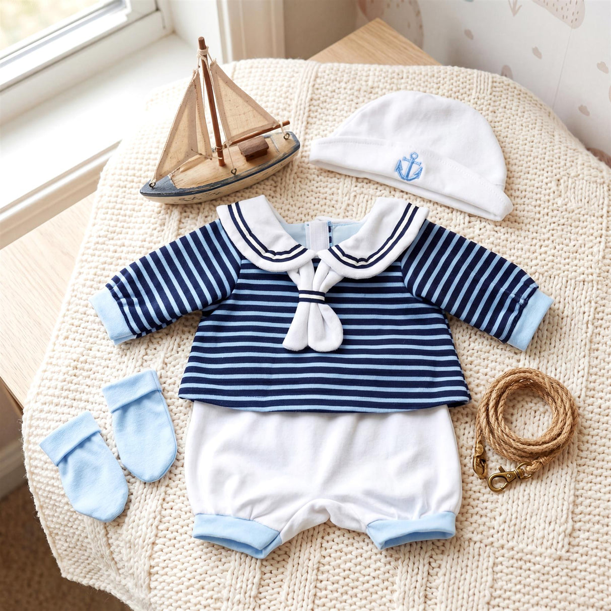 Miniature navy blue striped sailor outfit, hat, socks, and wooden boat accessory displayed together.