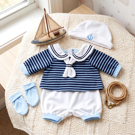 Miniature navy blue striped sailor outfit, hat, socks, and wooden boat accessory displayed together.