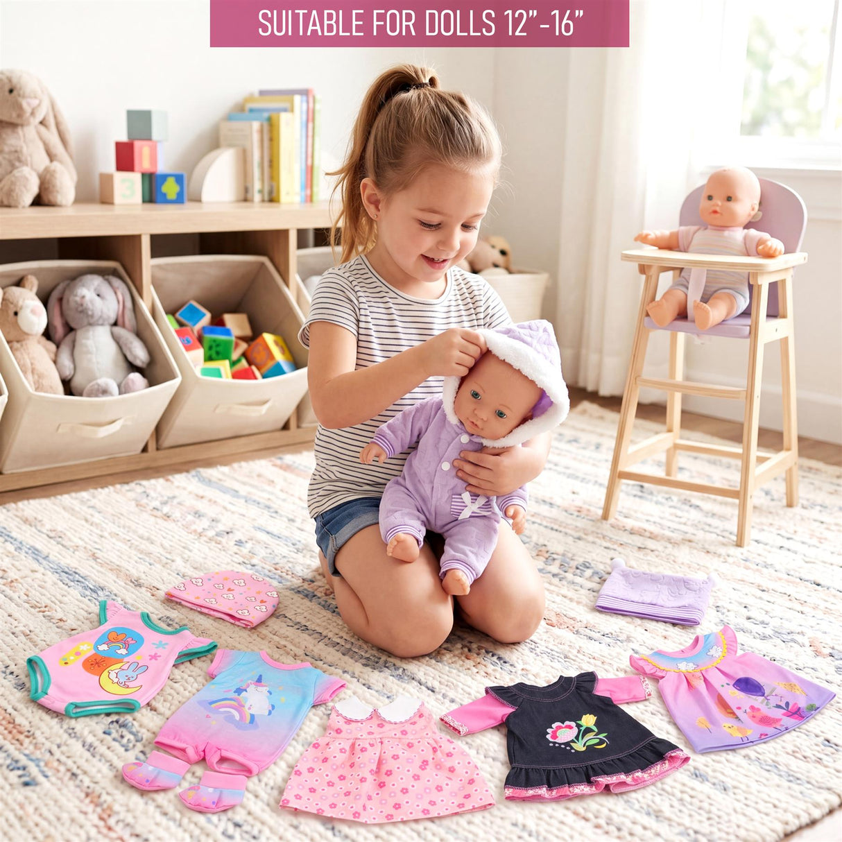 Set of doll clothes featuring patterned, striped, and solid pink outfits laid out on a rug.